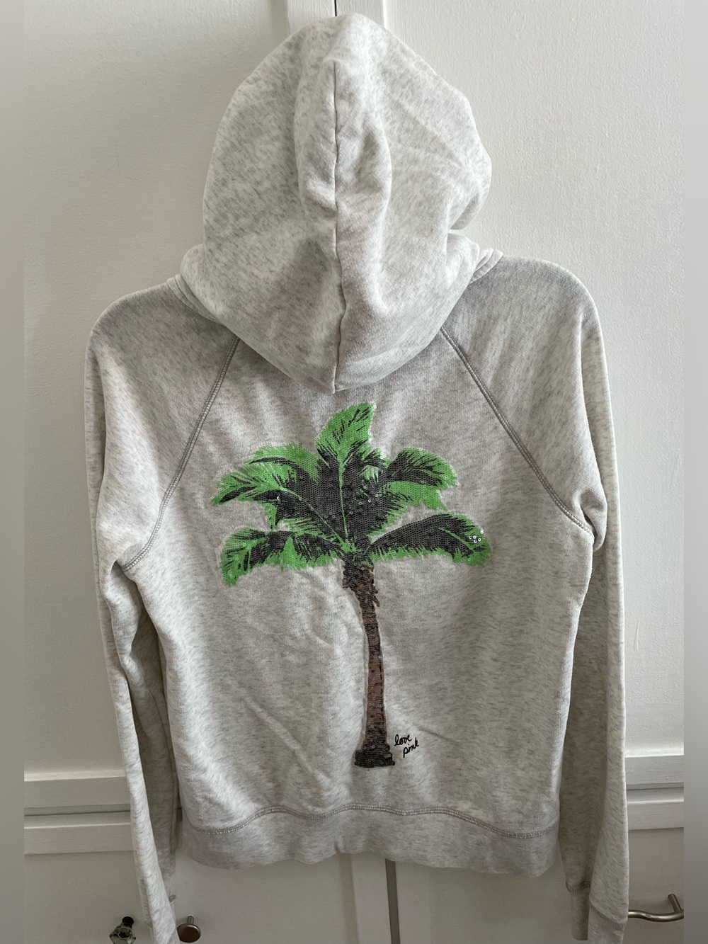 Pink VS Light Gray Hoodie with Sequins Palm Tree Full Front Zip Excellent Shape - Picture 10 of 10
